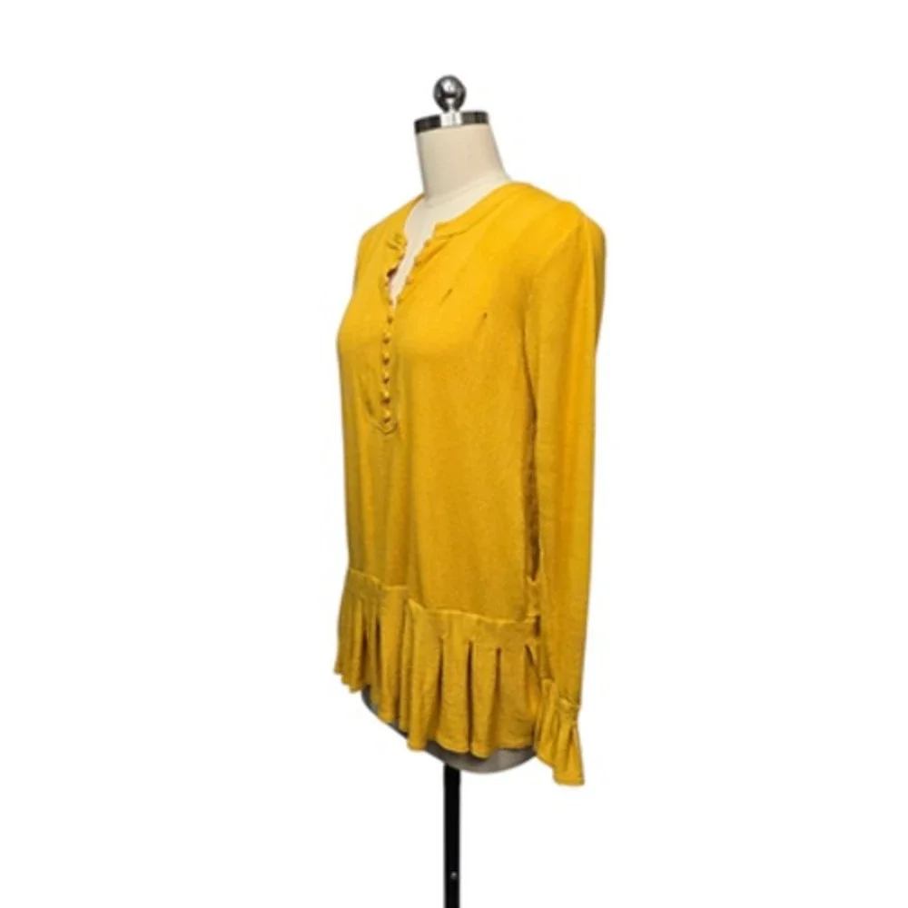 Free People Shirt Womens Medium Yellow Tunic Henley Ruffle‎ Hem Long Sleeve Boho